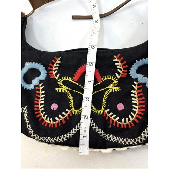 Old Navy Black Vintage Embroidered Bean Shape Butterfly Purse Faux Leather Strap - Picture 10 of 11